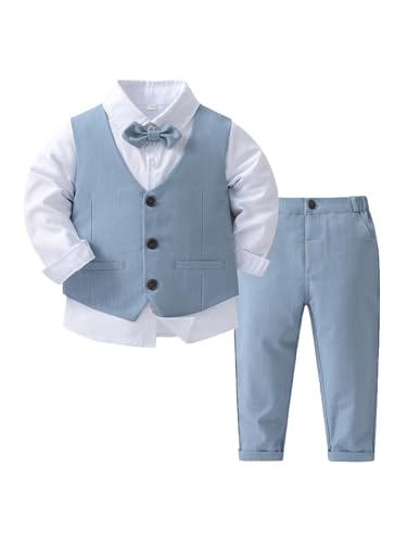 TiaoBug Baby Jungen Festlich Anzug Set Langarm Weißes Hemd + Anzugweste + Anzughose + Fliege Hochzeits Party Taufe Kleidung Hellblau 86-92 von TiaoBug