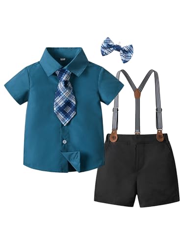 TiaoBug Baby Jungen Kariertes Hemd Kurzarm Freizeit Shirt + Kurze Hose mit Hosenträger Sommer Shorts Hochzeit Party Sommer Bekleidungsset gr. 68-104 Blau O 86-92 von TiaoBug