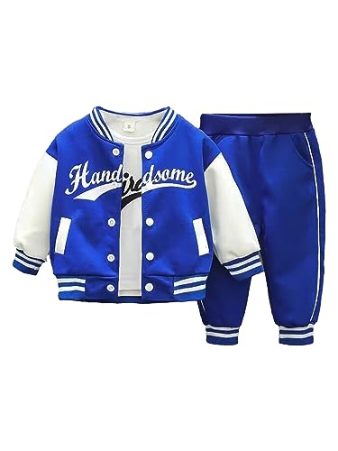 TiaoBug Baby Jungen Trainingsanzug College Baseball Jacke + Sporthose Elastischer Bund Jogginghose + T-Shirt 3Pcs Herbst Winter Bekleidungsset Streetwear Blau 104-110 von TiaoBug