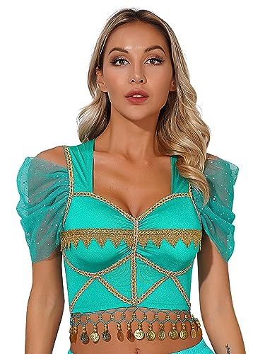 TiaoBug Damen Bauchtanz Kostüm Oberteil mit Münzen Schulterfrei Tunika Shirts Kurz Bauchfrei Crop Top Belly Dance Outfits Türkis B L von TiaoBug