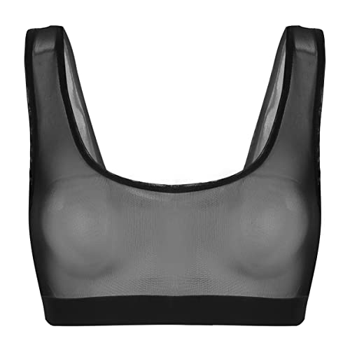 TiaoBug Damen Bustier Bralette Transparentes Oberteil Tüll Mesh Bluse Shirt T-Shirt Tank Tops Bauchfrei Kurz Bikini Oberteil in Schwarz, Weiß Schwarz M von TiaoBug