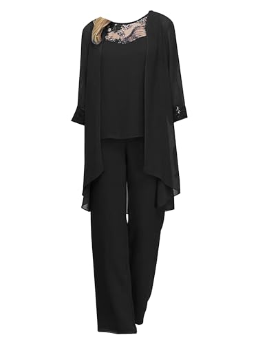 TiaoBug Damen Festlich Anzug Set Chiffon Tank Top + Langarm Cardigen + Lange Hose Weites Bein Anzughose Brautmutter Hosenanzüge für Hochzeit Schwarz 5XL von TiaoBug