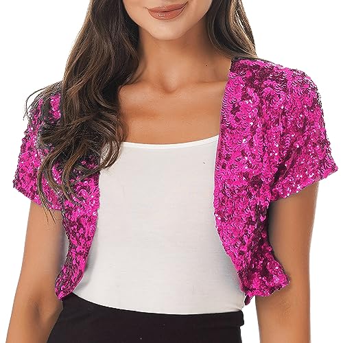 TiaoBug Damen Glänzend Pailletten Jacke Cardigan Kurzarm Pullover Bolero Tops kurz Oberteile Open Front Blazer Glitzer Party Outfits Clubwear Hot Pink D M von TiaoBug