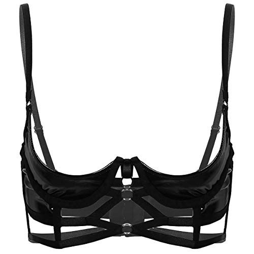 TiaoBug Damen Lack Leder BH Push up Bra Verstellbare träger Büste Hebe Top Unterhemd Erotik Dessous Unterwäsche in Glanz Schwarz Harness 3XL von TiaoBug