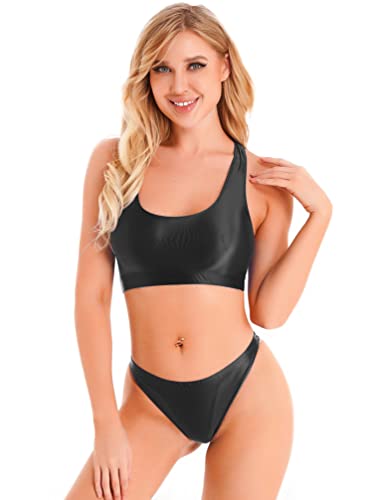 TiaoBug Damen Sport Bikini Sets ÖL Glanz Bustier High Waist Bikinihose Badeset Ringerrücken Oberteil Hotpants Schwarz T-Back M von TiaoBug