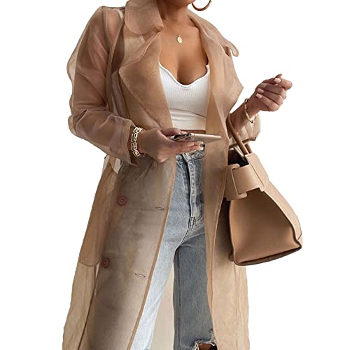 TiaoBug Damen Transparent Strickjacke Cardigen aus Organza Langarm Hemd Lang Blusen Tunika Tops Sommer Strand Jacke Outfits Khaki XL von TiaoBug