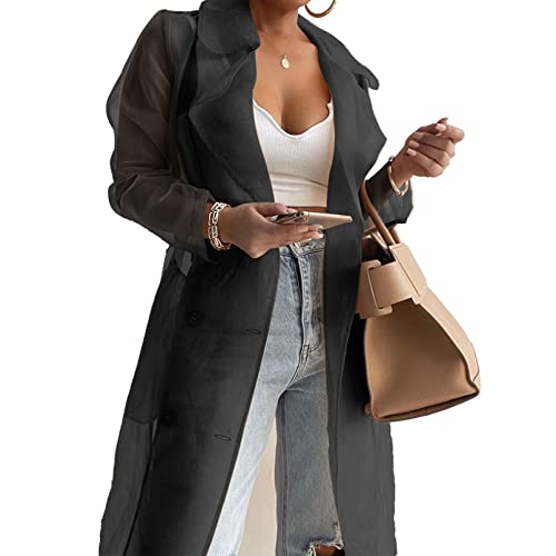 TiaoBug Damen Transparent Strickjacke Cardigen aus Organza Langarm Hemd Lang Blusen Tunika Tops Sommer Strand Jacke Outfits Schwarz L von TiaoBug