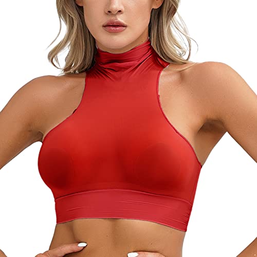 TiaoBug Damen sexy Oberteile Mesh Top bauchfreie Crop Tops durchsichtig ärmellos Shirt Elegant Bluse Stehkragen in Weiss Schwarz Rot E Einheitsgröße von TiaoBug