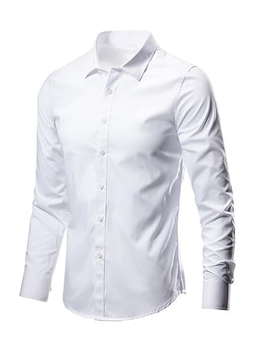 TiaoBug Herren Festlich Hemd Langarm Businesshemden Kentkragen Oxford Shirts mit Brusttasche Bügelleicht Oberhemd Slim Fit Gentleman Anzug Bluse Weiß O L von TiaoBug