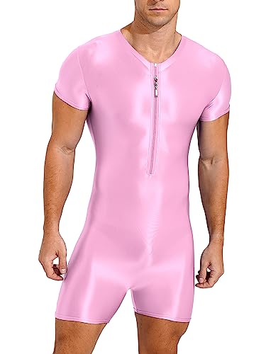 TiaoBug Herren ÖL Glanz Body Ärmellos/Kurzarm Bodysuit mit Bein Einteiler Kompression Unterwäsche Sport Trikot Leotard Rosa E M von TiaoBug