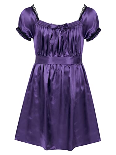 TiaoBug Herren Satin Rüschen Nachthemd Kurzarm Kleid Männer Schlafanzug Sissy Crossdresser Dessous Nachtwäsche Kurzarm Mit Spitzenbesatz Violett XXL von TiaoBug