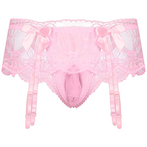 TiaoBug Herren Spitzen Sissy Höschen mit Bulge Pouch Erotik Transparent Slip mit Strumpfhalter Strümpfe Socken Befestigung Strapse Zubehör Männer Tanga mit Röckchen Reizwäsche Rosa One Size von TiaoBug