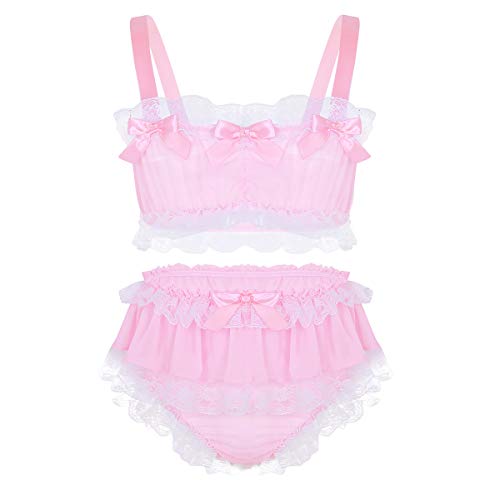 TiaoBug Herren Zweiteiliger Satin Schlafanzug kurz Sissy Pyjama Set Tank Tops Oberteil Spitzen Höschen Slips Männer Erotik Dessous Cosplay Kleidung Rosa B 3XL von TiaoBug