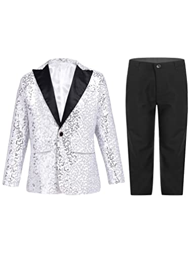 TiaoBug Jungen Festlich Pailletten Anzug Set Metallic Jacke Blazer und Lange Hose Hochzeit Party Weihnachten Outfits Silber 134-140 von TiaoBug