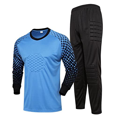 TiaoBug Jungen Fußball Torwart Trikot Set Gepolstert Langarm Sportshirt und Sporthose Schutz Ausrüstung Anzug Blau 134-140 von TiaoBug