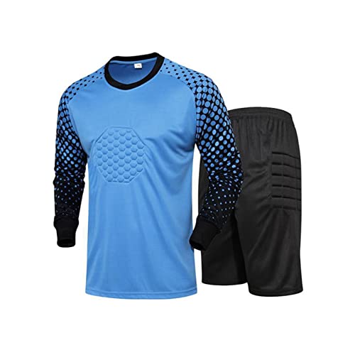 TiaoBug Jungen Fußball Torwart Trikot Set Gepolstert Langarm Sportshirt und Sporthose Schutz Ausrüstung Anzug Blau Kurz 128-134 von TiaoBug