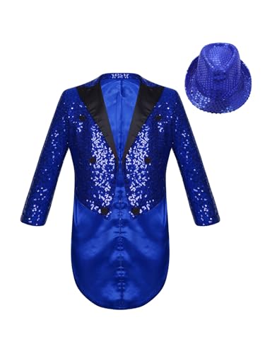 TiaoBug Jungen Pailletten Anzug V-Aussschnitt Sakko Slim Fit Smoking Jacke Glänzend Blazer Tops zur Party Hochzeit Blau mit Hut 158-164 von TiaoBug