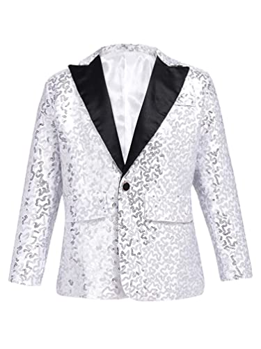 TiaoBug Jungen Pailletten Anzug V-Aussschnitt Sakko Slim Fit Smoking Jacke Glänzend Blazer Tops zur Party Hochzeit Silber 134-140 von TiaoBug