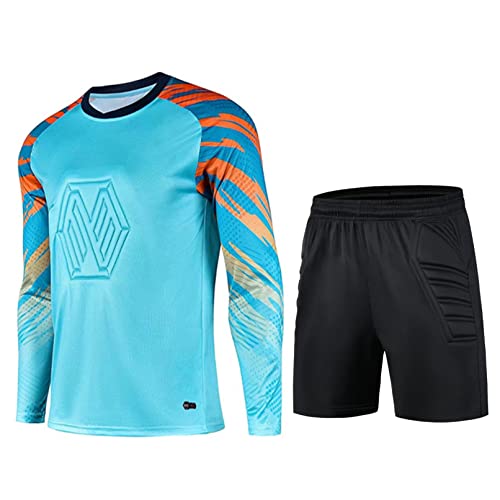 TiaoBug Kinder Fußball Trikot Set Goalkeeper Gepolstert Langarmshirt und Kurze Hose Sommer Jungen Trainingsanzug Kurz Sportanzug Zweteiler Uniformen Blau 152-164 von TiaoBug