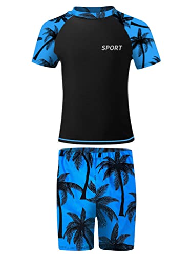 TiaoBug Kinder Jungen Badeanzug 3-Teilig Schwimmanzug aus Kurzarm Badeshirt, Badehose Bademütze UV-Schutz Bade-Set Bade Schwimm Kleidung 92-140 Blau N 134-140 von TiaoBug