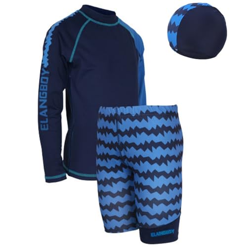 TiaoBug Kinder Jungen Badeanzug 3-Teilig Schwimmanzug aus Langarm Badeshirt, Badehose Bademütze UV-Schutz Bade-Set Bade Schwimm Kleidung 92-140 Dunkelblau L 152-158 von TiaoBug