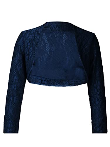 TiaoBug Kinder Mädchen Bolero festlich Satin Strickjacke Bauchfreie Schulterjacke Blumenmädchen Party Hochzeit Dunkelblau Spitzen 146-152 von TiaoBug