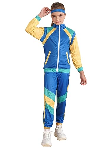 TiaoBug Kinder Trainingsanzug 80er 90er Jahre Outfit Mädchen Jungen Sportanzug Jogginganzug mit Farbblock Jacke mit Hose und Stirnband 3 Pcs Sportbekleidung Blau 140-152 von TiaoBug