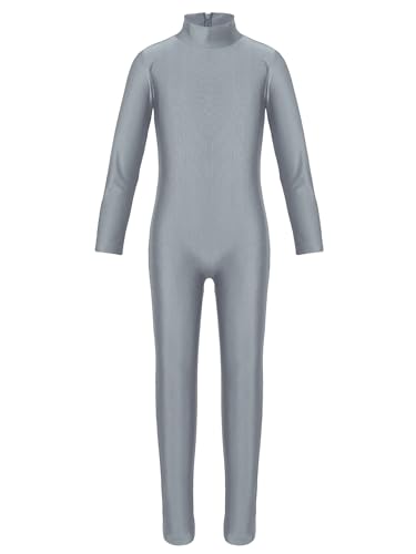 TiaoBug Mädchen Ballettanzug Langarm Ballett Trikot Ganzkörperanzug Kinder Einteiler Jumpsuit Kostüm Overall Elastischer Body Gymnastik Turnanzug Rollkragen Grau 122-128 von TiaoBug