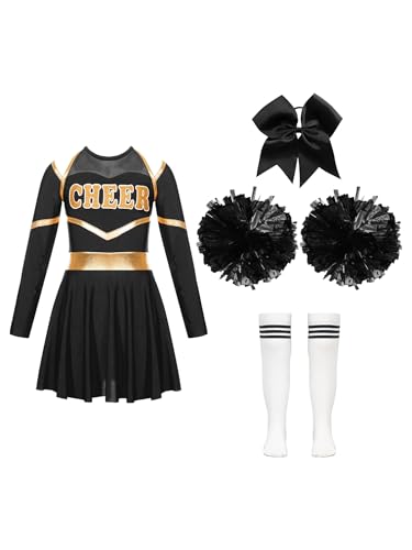 TiaoBug Mädchen Cheerleading Kleid Neckholder Tanzkleid mit Cheer Buchstaben Sport Schule Gruppentanz Outfits C Weiß&Schwarz 110-116 von TiaoBug