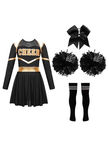 TiaoBug Mädchen Cosplay Kostüm Set Tanzkleid Outfits ärmellos Top + Hot Pants + Armband + Socken Kinder Hip-Hop Jazz Cheer Leader College Strümpfe I Schwarz Gold 170 von TiaoBug