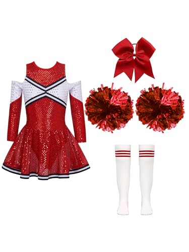 TiaoBug Mädchen Cosplay Kostüm Set Tanzkleid Outfits ärmellos Top + Hot Pants + Armband + Socken Kinder Hip-Hop Jazz Cheer Leader College Strümpfe K Rot A 146-152 von TiaoBug