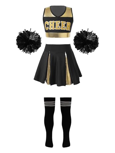 TiaoBug Mädchen Cosplay Kostüm Set Tanzkleid Outfits ärmellos Top + Hot Pants + Armband + Socken Kinder Hip-Hop Jazz Cheer Leader College Strümpfe N Schwarz-Weiß B 134-140 von TiaoBug