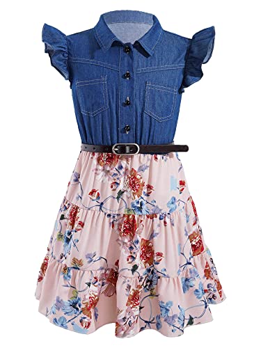 TiaoBug Mädchen Denim Kleid Kurzarm/Ärmellos Blusenkleid Lässig Rock Sommerkleid Kinder Frühling Herbst Freizeitkleider Rosa 110-116 von TiaoBug