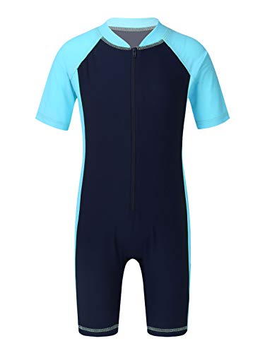 TiaoBug Mädchen Jungen Sport Badeanzug Schwimmanzug mit Reisverschluss Einteiler aus Kurzarm Bade Hemd Shirt und Kurze Hose Dunkelblau 152-164 von TiaoBug