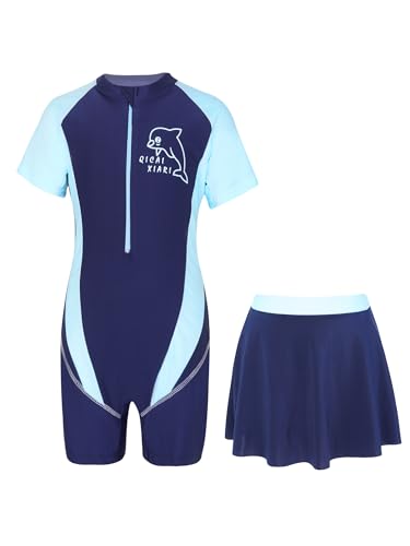 TiaoBug Mädchen Jungen Sport Badeanzug Schwimmanzug mit Reisverschluss Einteiler aus Kurzarm Bade Hemd Shirt und Kurze Hose Dunkelblau J 140-146 von TiaoBug