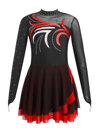 TiaoBug Mädchen Klassisch Eiskunstlauf Kleid Mesh Spleiß Tanzkleid Langarm Strass Stein Body mit Handschlaufe Slip und Röckchen Tanzbekleidung Rot H 146-152 TiaoBug Mädchen Klassisch Eiskunstlauf Kleid Mesh Spleiß Tanzkleid Langarm Strass Stein Body mit Handschlaufe Slip und Röckchen Tanzbekleidung Rot H 146-152 von TiaoBug