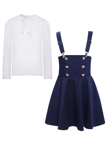 TiaoBug Mädchen Latzkleid Zweiteiler aus Langarm weißes Hemd Blusen mit Spitzen + Hohe Taille Latzrock Faltenrock mit Hosenträger Kinder Einschulung Party Outfits Schuluniform Navy blau 134-140 TiaoBug Mädchen Latzkleid Zweiteiler aus Langarm weißes Hemd Blusen mit Spitzen + Hohe Taille Latzrock Faltenrock mit Hosenträger Kinder Einschulung Party Outfits Schuluniform Navy blau 134-140 von TiaoBug