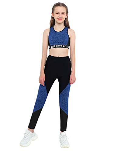 TiaoBug Mädchen Sport BH Jogginghose Sport Leggings Yoga Hose Trainingshose Sport Bustier ohne Bügel Yoga Fitness Training Bekleidung Set Blau Farbblock 122-128 von TiaoBug