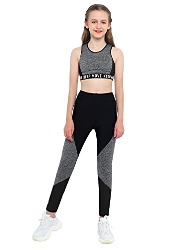 TiaoBug Mädchen Sport BH Jogginghose Sport Leggings Yoga Hose Trainingshose Sport Bustier ohne Bügel Yoga Fitness Training Bekleidung Set Dunkelgrau Farbblock 146-152 von TiaoBug