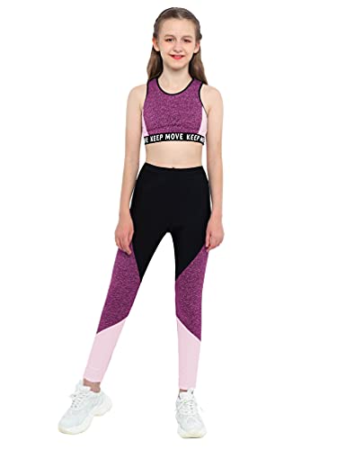 TiaoBug Mädchen Sport BH Jogginghose Sport Leggings Yoga Hose Trainingshose Sport Bustier ohne Bügel Yoga Fitness Training Bekleidung Set Rosa Farbblock 146-152 von TiaoBug