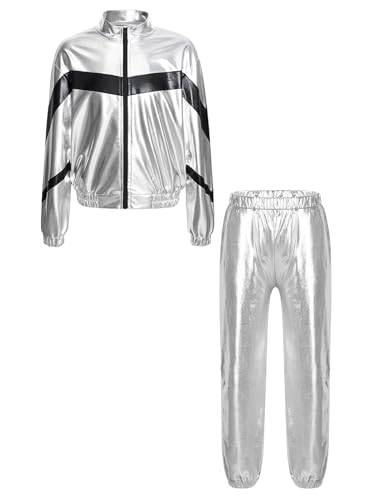 TiaoBug Unisex Kinder 80er Jahre Trainingsanzug Retro Kostüm Metallic Jogger Jogginganzug Jacke und Hose Disco Jazz Tanz Outfits Set Silber E 122-128 von TiaoBug