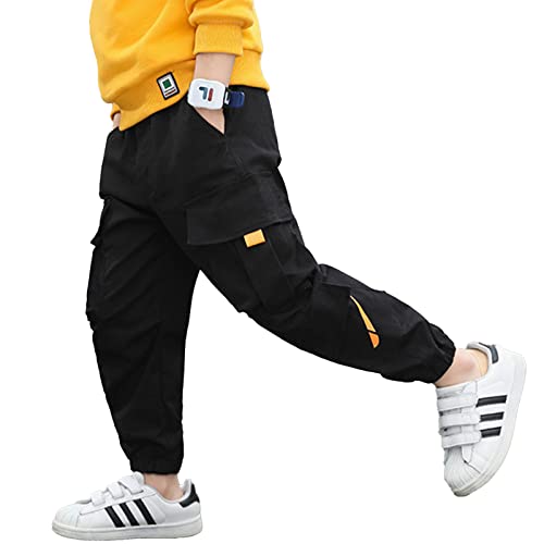 TiaoBug Unisex Kinder Jogginghose Sweathose Haremshose Einfarbig Lange Chino Cargo Hose Pumphose für Mädchen Jungen Schwarz F 122-128 von TiaoBug