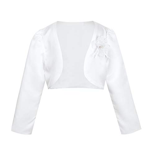 TiaoBug Kinder Mädchen Bolero festlich Satin Strickjacke Bauchfreie Schulterjacke Blumenmädchen Party Hochzeit Weiß 134-140 von TiaoBug