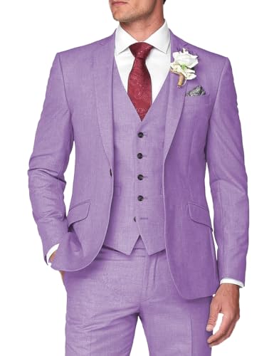 Tiavllya Herren Slim Fit 3-teilige Anzüge Formelle Hochzeit Bräutigam Anzug EIN Knopf Smoking Blazer Jacke Weste Hosen Set （52, Lavendel Lila） von Tiavllya