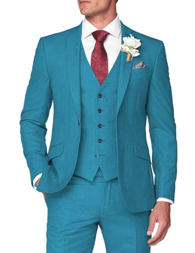 Tiavllya Herren Slim Fit 3-teilige Anzüge Formelle Hochzeit Bräutigam Anzug EIN Knopf Smoking Blazer Jacke Weste Hosen Set （58, Türkis） von Tiavllya