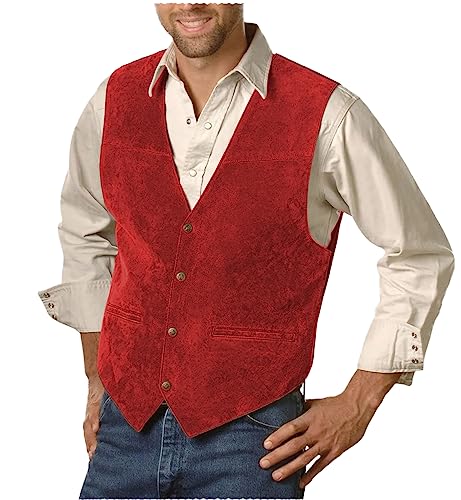 Tiavllya Herren Western Cowboy Weste Klassische ärmellose Wildleder Weste Smoking Abschlussball party（XL, Rot） von Tiavllya