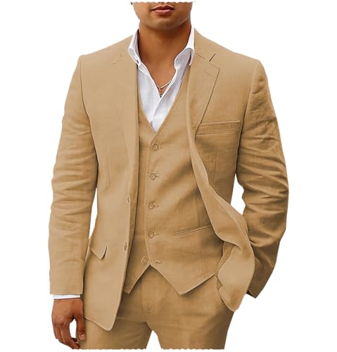 Tiavllya Leinen Anzüge für Herren 3-teilige Sommer Casual Strand Hochzeit Bräutigam Anzüge Slim Fit Blazer Hosen und Weste Smoking Set （48, Braun） von Tiavllya