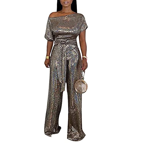 Damen Jumpsuit mit weitem Bein, kurze Ärmel, Glitzer-Pailletten, Overall, schulterfrei, weites Bein, Overall, Spielanzug, gold, 38-40 Damen Jumpsuit mit weitem Bein, kurze Ärmel, Glitzer-Pailletten, Overall, schulterfrei, weites Bein, Overall, Spielanzug, gold, 38-40 von Tidecc