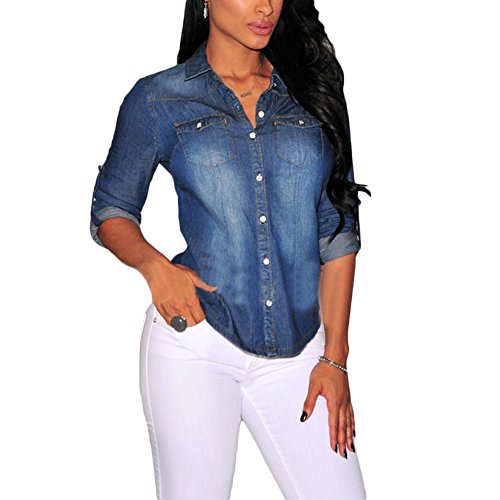Tidecc Damen-Jeans-Shirt, lange aufgerollte Ärmel, Taschen, Jeanshemd, Bluse, Button-Down-Jacke, Bürohemd Gr. Small, dunkelblau von Tidecc