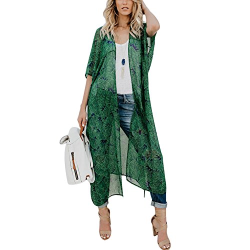 Tidecc Damen Strand Cover Up Chiffon Floral Boho Sommer Lange Cardigan Kimono Bluse Beachwear, grün, 40-42 Tidecc Damen Strand Cover Up Chiffon Floral Boho Sommer Lange Cardigan Kimono Bluse Beachwear, grün, 40-42 von Tidecc